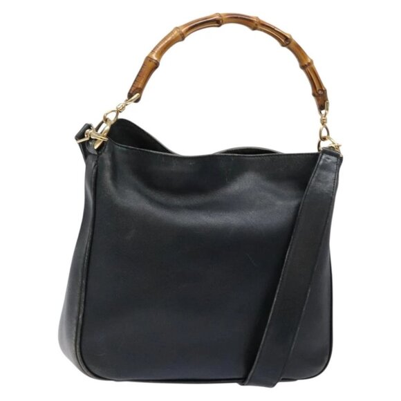 GUCCI Bamboo Hand Bag Leather 2way Black Gold 001 3444 1638 Auth 137282